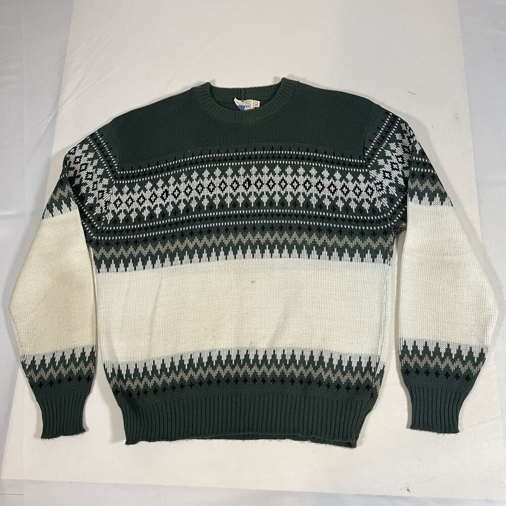 Vintage BRENT Montgomery Ward Mens Sweater Knit Fair Isle Crew Neck 60s 70s